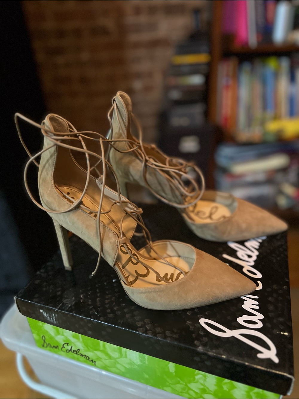 Sam Edelman Tan Suede Lace-Up Pointed Stiletto Heels
